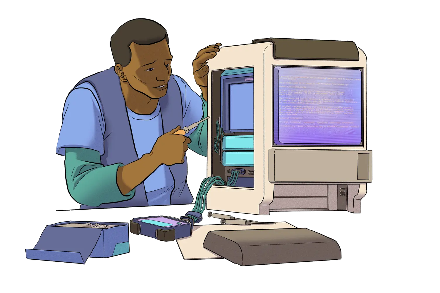 一个人在电脑上工作的插图。