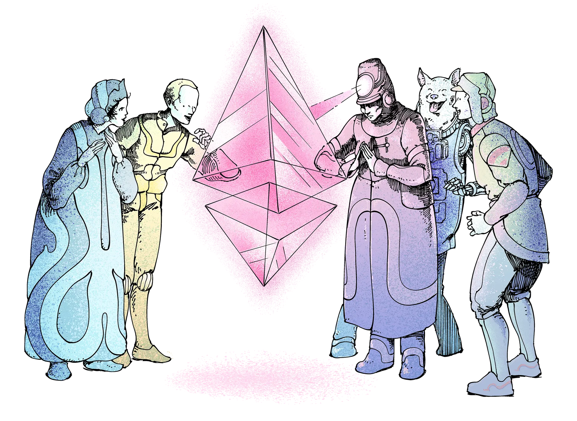 Illustration représentant un groupe de personnes émerveillées devant un glyphe d'éther (ETH)
