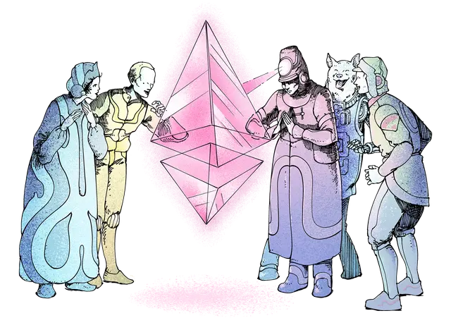 Illustration représentant un groupe de personnes émerveillées devant un glyphe d'éther (ETH).