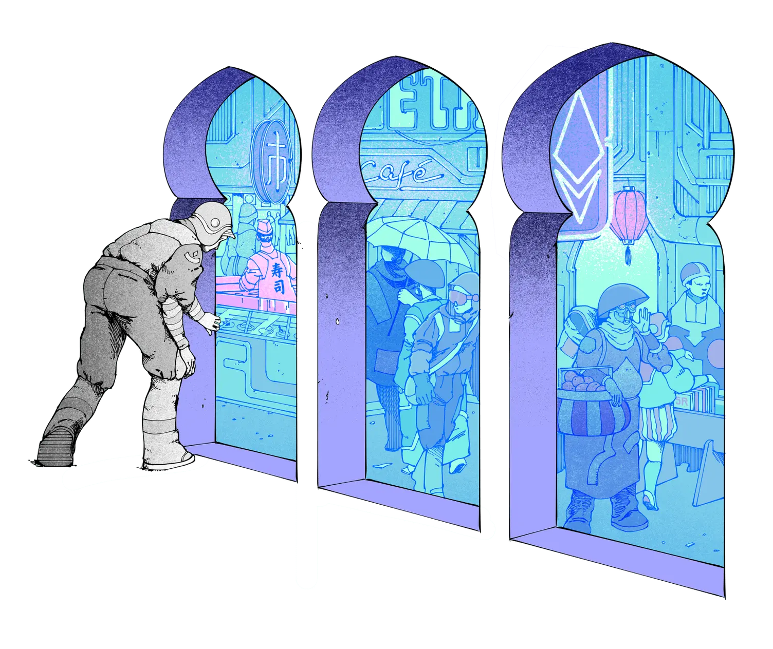 Απεικόνιση ατόμου που κοιτάζει μια αγορά μέσα από το παράθυρο, η οποία αντιπροσωπεύει το Ethereum.