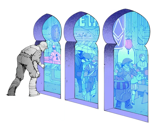 Illustration d'une personne jetant un coup d'œil à un bazar, destiné à représenter Ethereum.