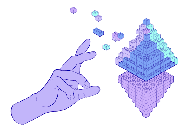 Illustration of a hand building an ETH symbol out of lego bricks.
