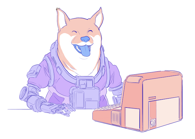 Illustration of a doge using a computer.