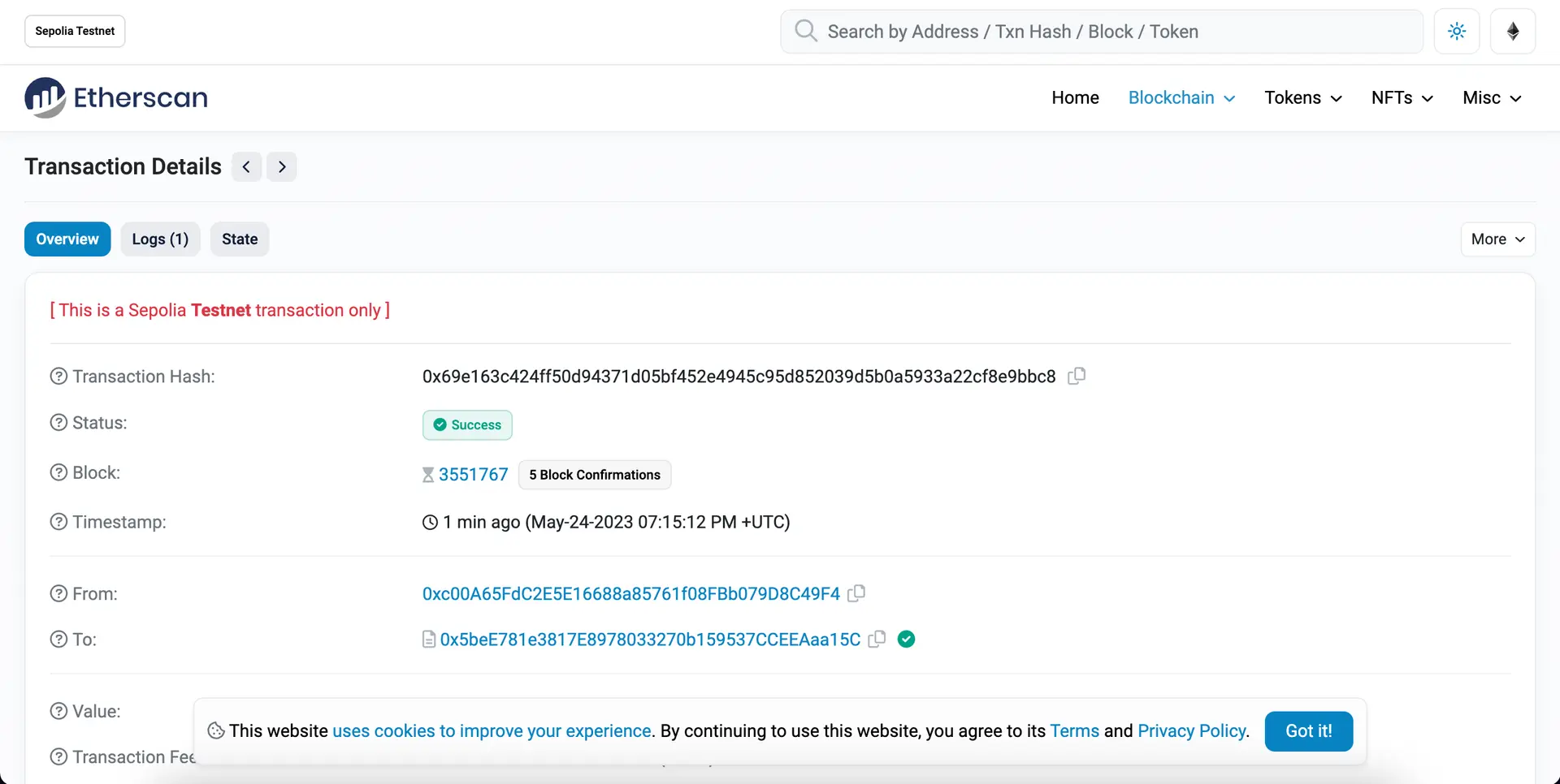 View your NFT transaction hash on Etherscan