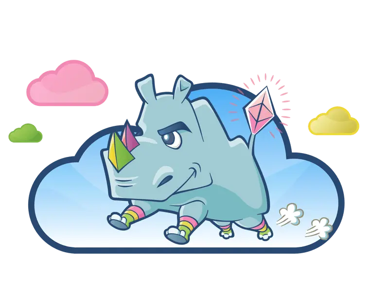 Leslie the rhino floating in the clouds.