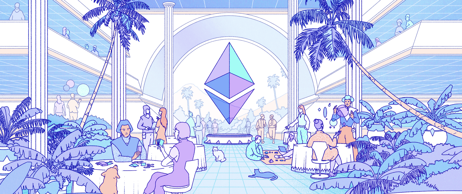 Иллюстрация футуристического города, представляющего экосистему Ethereum.
