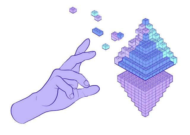 An illustration of a hand creating an ETH logo made of lego bricks.