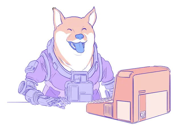 Illustrasjon av en hund som sitter ved en datamaskin.