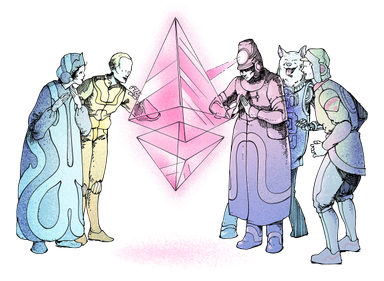 Illustration of a group of people marvelling at an ether (ETH) glyph in awe.