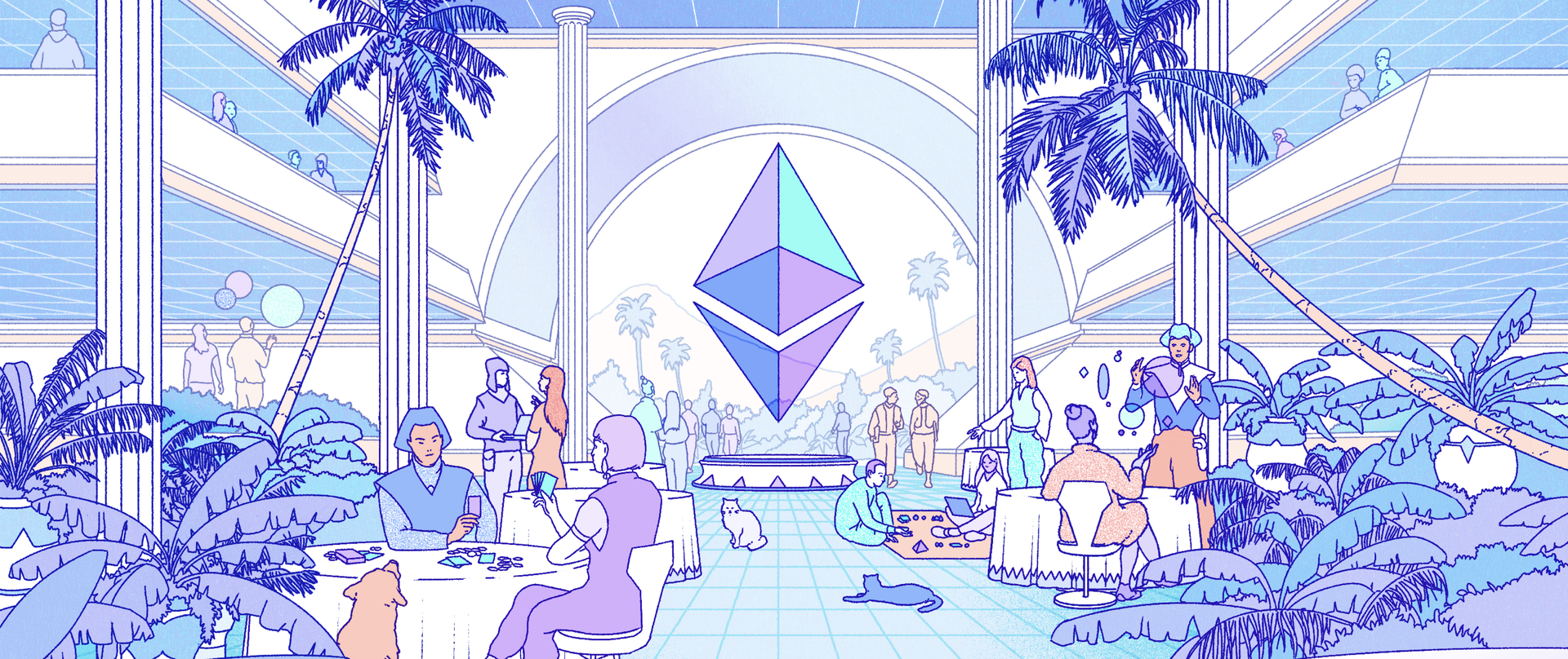 Illustration d’une ville futuriste représentant l’écosystème Ethereum.