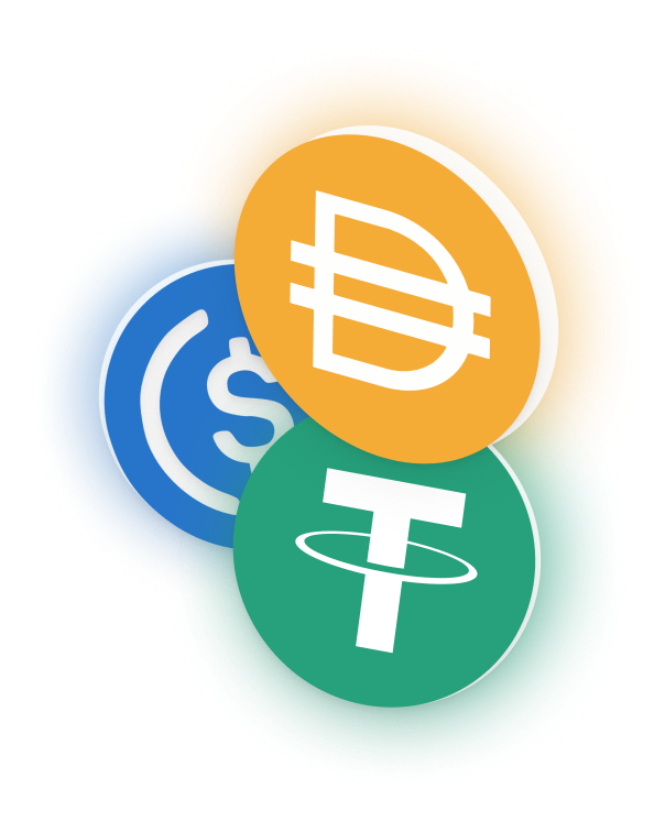 As três maiores stablecoins por capitalização de mercado: Dai, USDC e Tether.