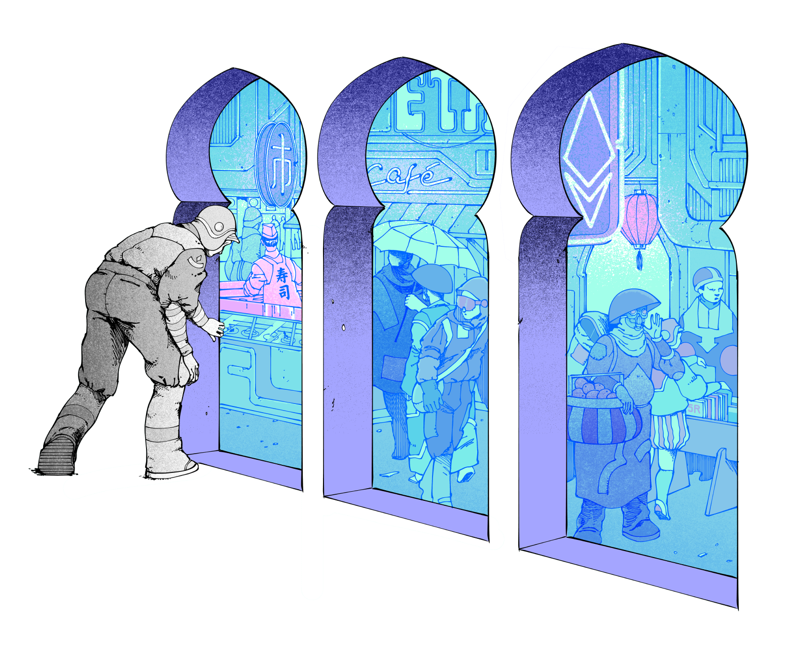 Ilustração de uma pessoa a espreitar para um mercado, pretendendo representar a Ethereum