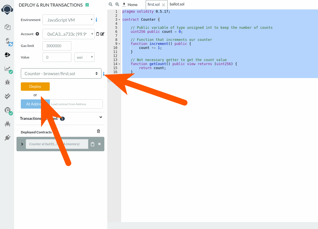 Butonul de implementare din compilatorul Remix solidity