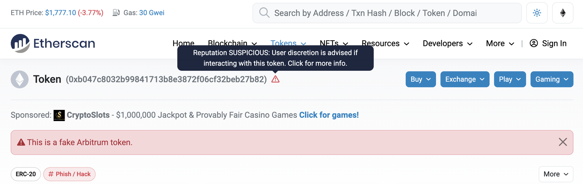 Comhartha scam in Etherscan