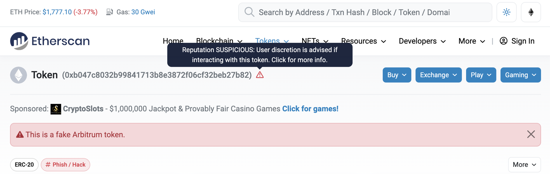 Token estafa en Etherscan