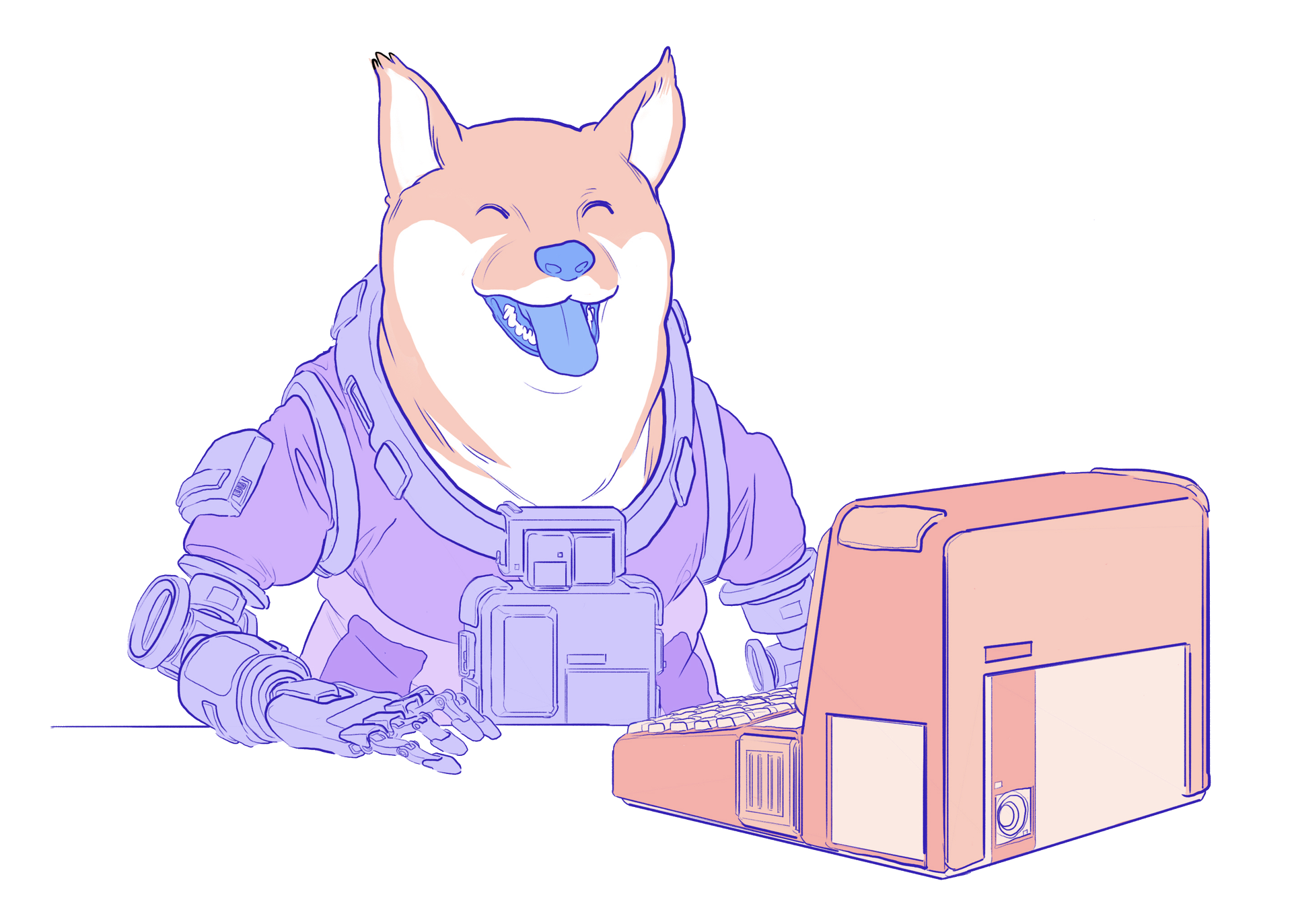 Ilustração de um cachorro doge usando um computador