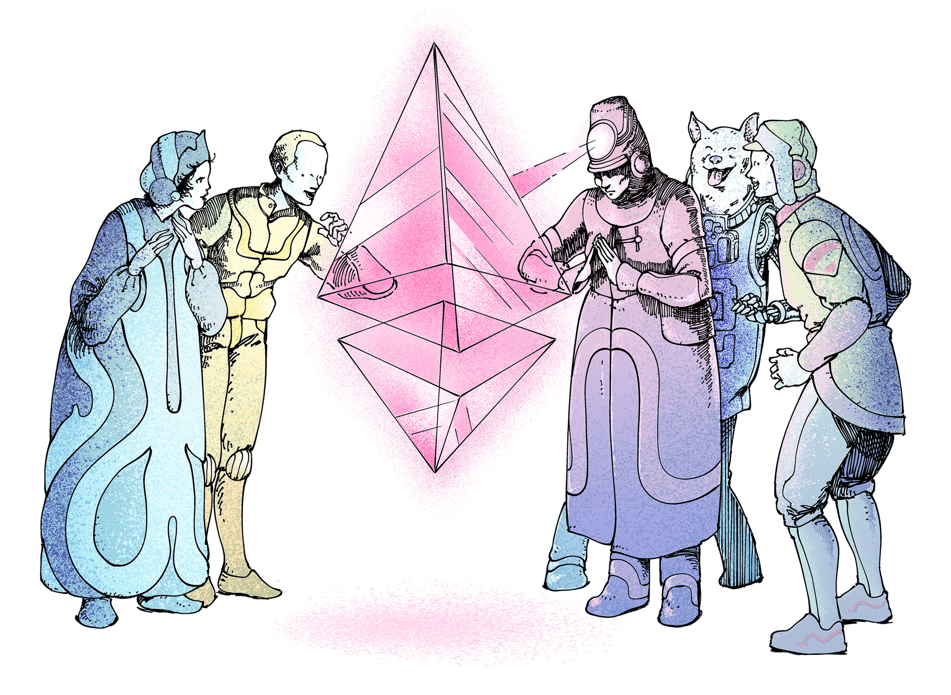 Ilustracija grupe ljudi koja sa dive ether (ETH) simbolu