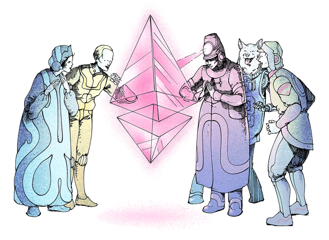 Illustration of a group of people marvelling at an ether (ETH) glyph in awe.