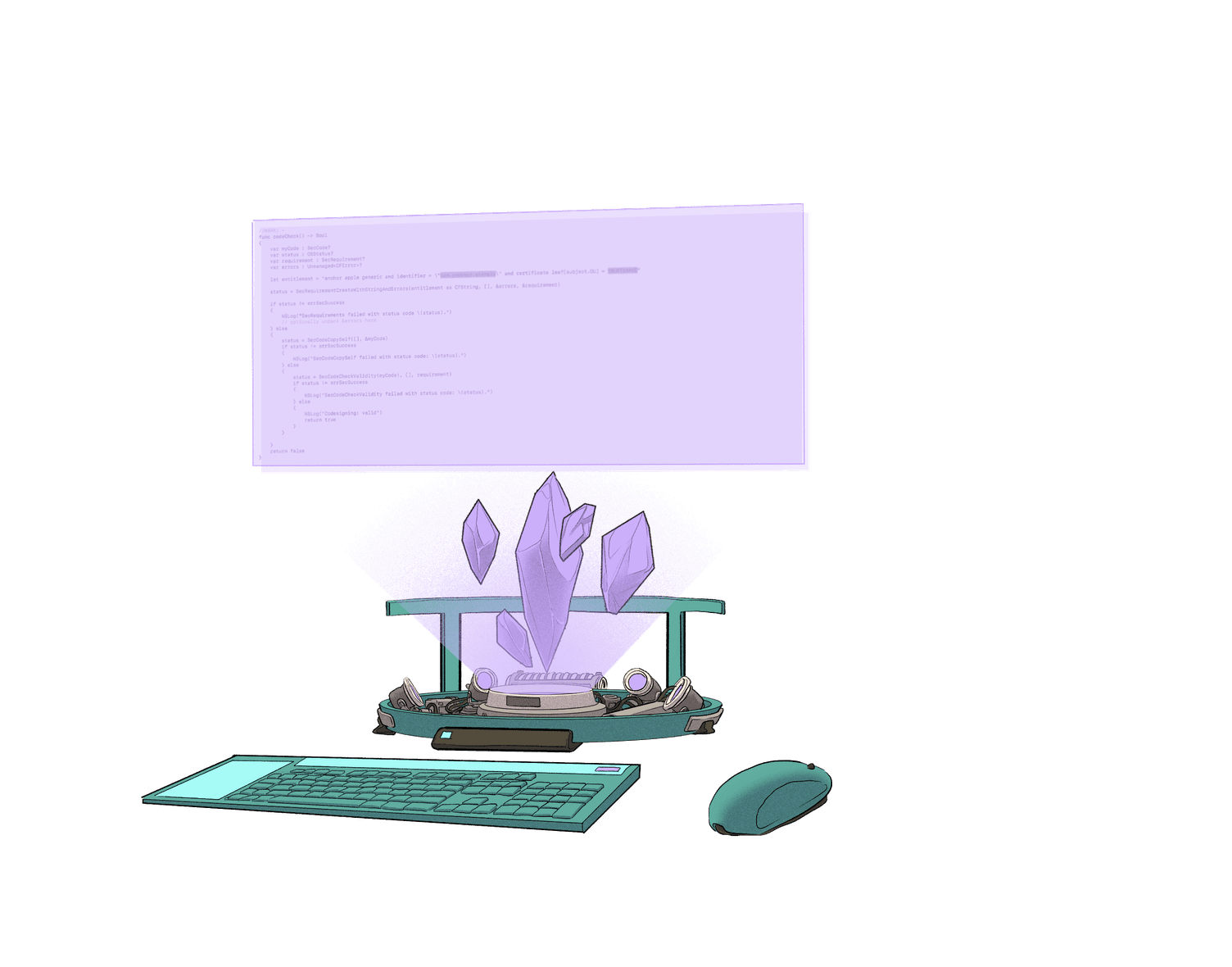 Illustration of a futuristic computer set up, powered by Ethereum crystals.