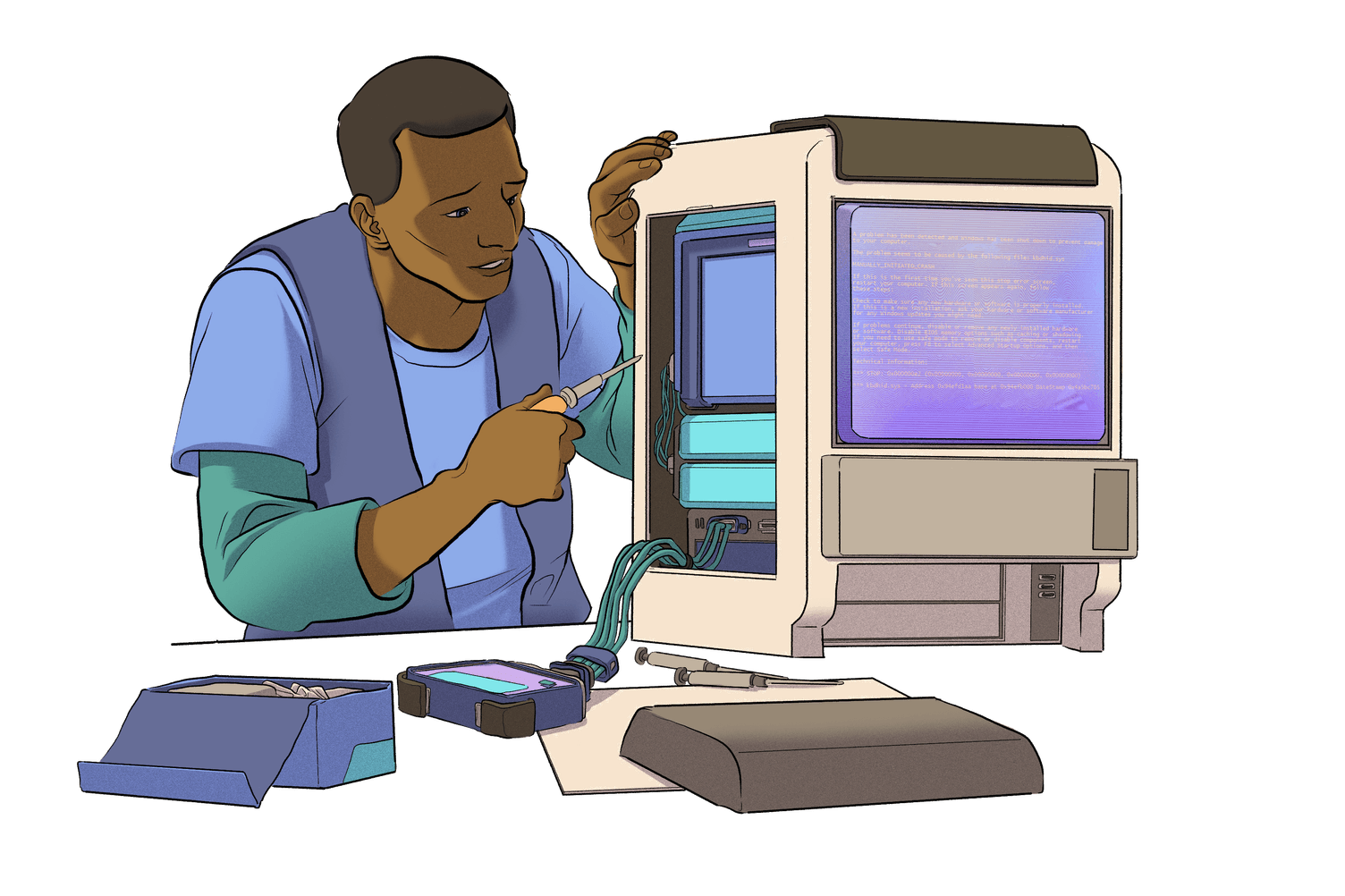 Žmogaus, dirbančio prie kompiuterio, iliustracija.