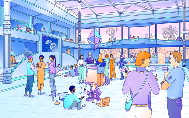 Illustration of futuristic Ethereum community center