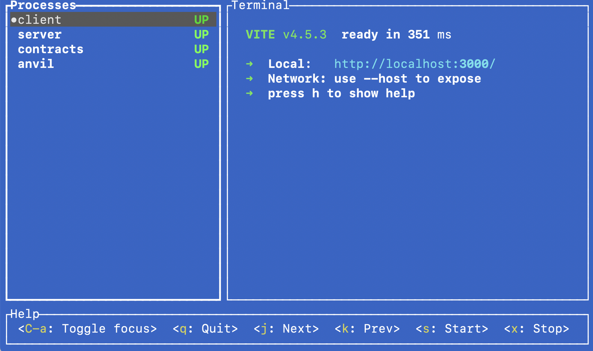 The mprocs screen