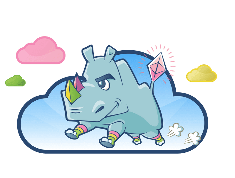 Leslie the rhino floating in the clouds.