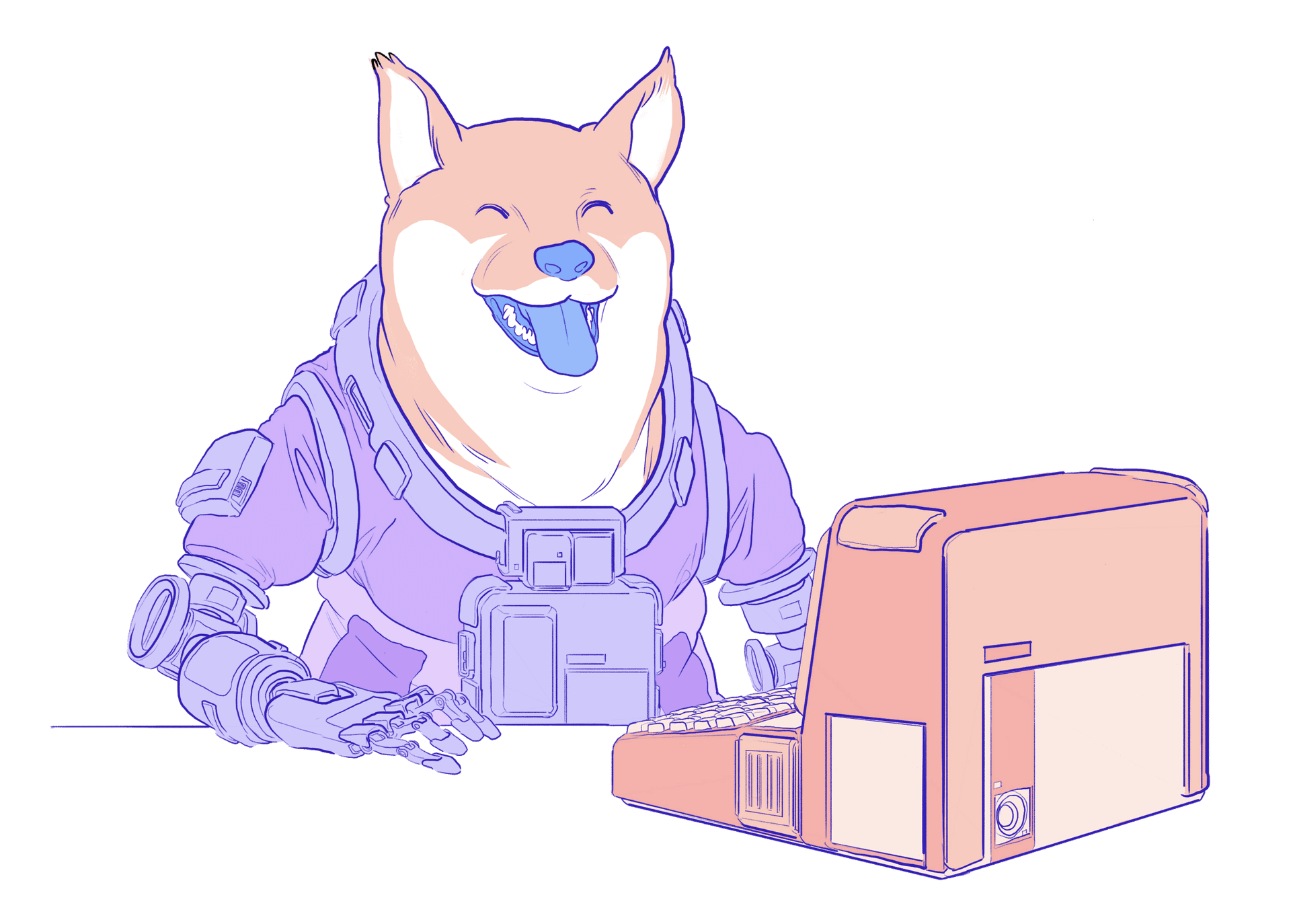Illustration av en hund som sitter vid en dator