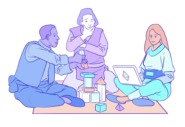 Illustrasjon av en gruppe nettbyggere som arbeider sammen.