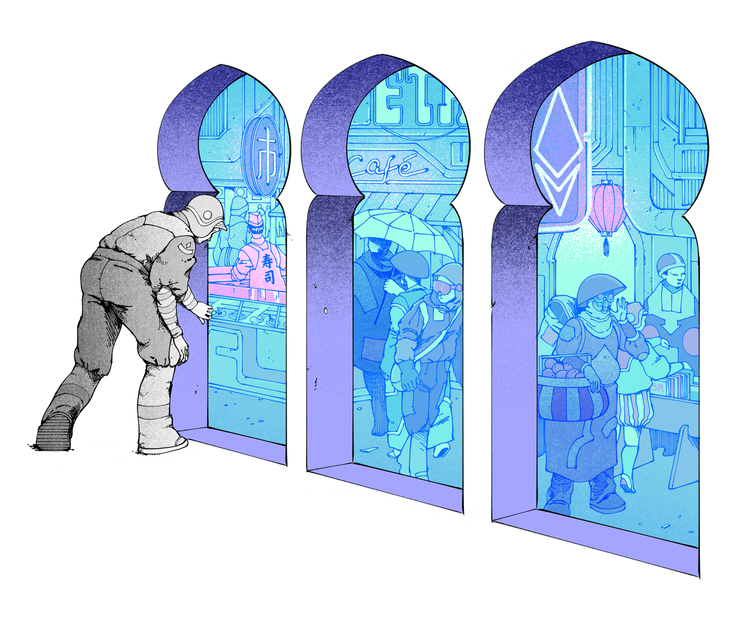 Il·lustració d'una persona que entra en un basar, que pretén representar Ethereum.