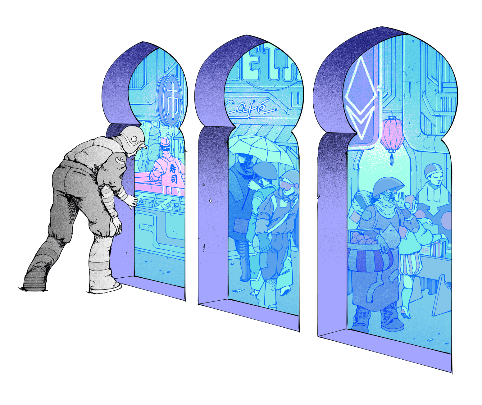 Il·lustració d'una persona que entra en un basar, que pretén representar Ethereum